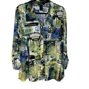 NWT ALI MILES Tunic Blouse Paris Button Long Sleeve Roll Tab Womens L Green Blue